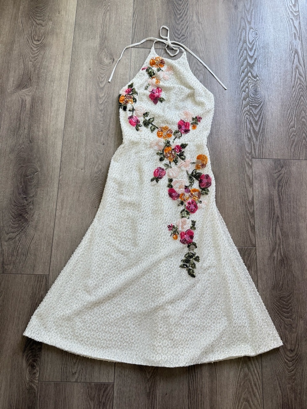 helsi teresa white sequin 3d floral applique halter A-line midi dress size XS